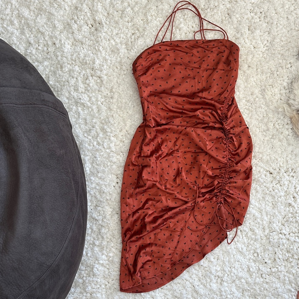 Finders Keepers Asymmetrical Rust Dress with Black Butterflies